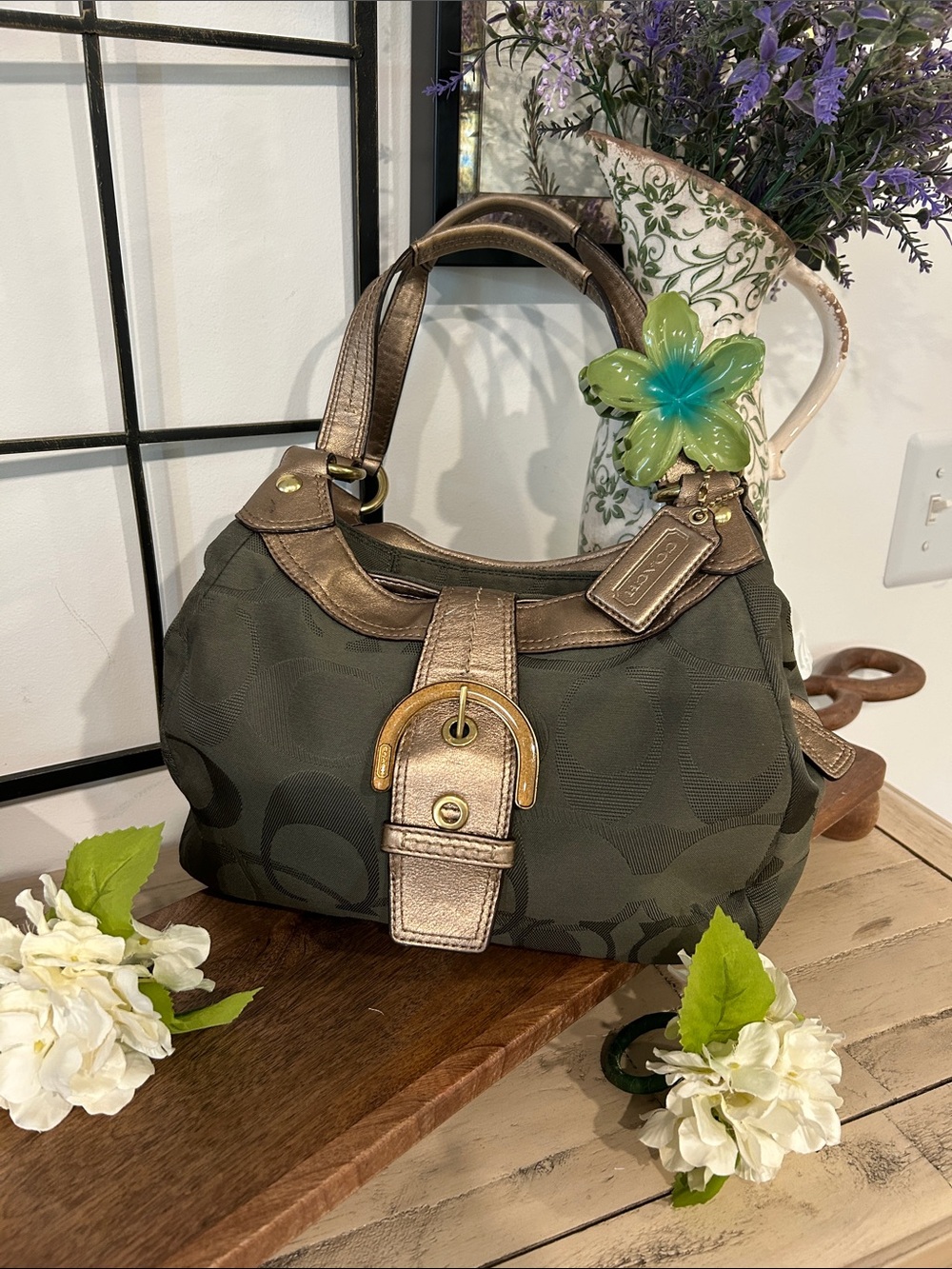 Coach Olive Green Signature Canvas Shoulder Bag with Metallic Bronze Trim